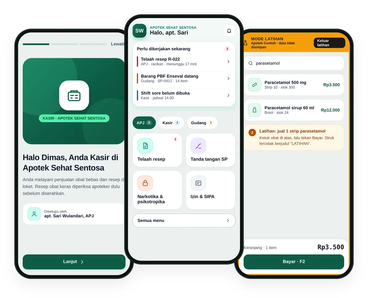 Tiga HP: panduan kasir di hari pertama, Beranda APJ dengan tugas mendesak, dan mode latihan dengan data contoh