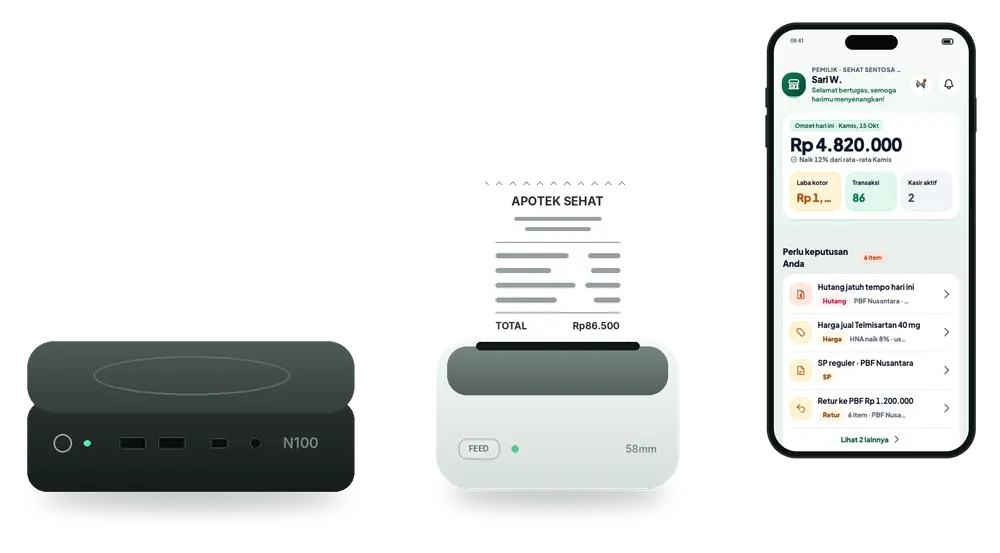 Mini PC, printer thermal, dan HP pemilik dengan aplikasi Trifamed