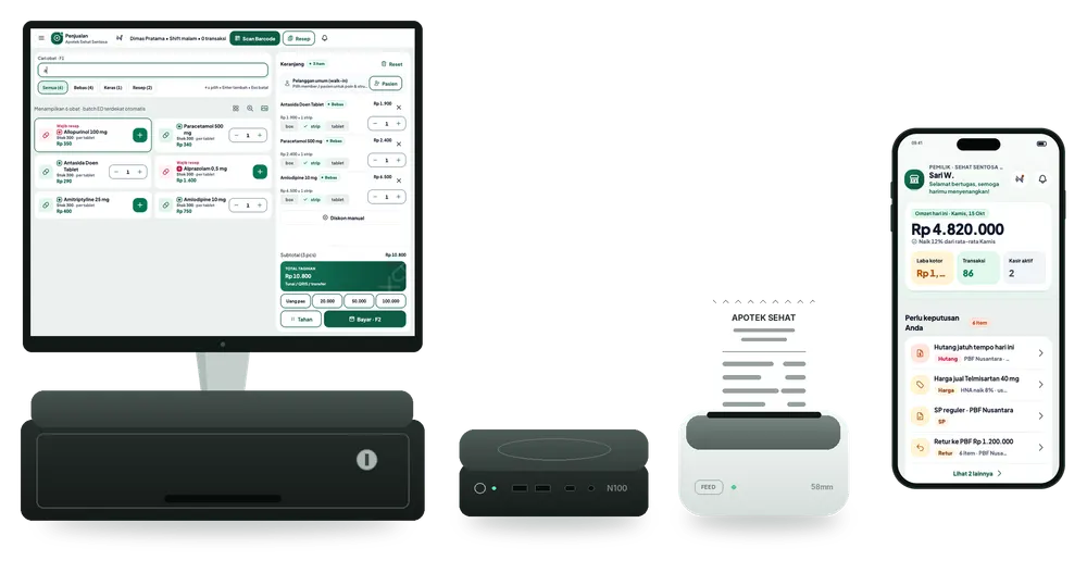 Monitor dengan layar Penjualan, mini PC, printer, laci uang, dan HP pemilik