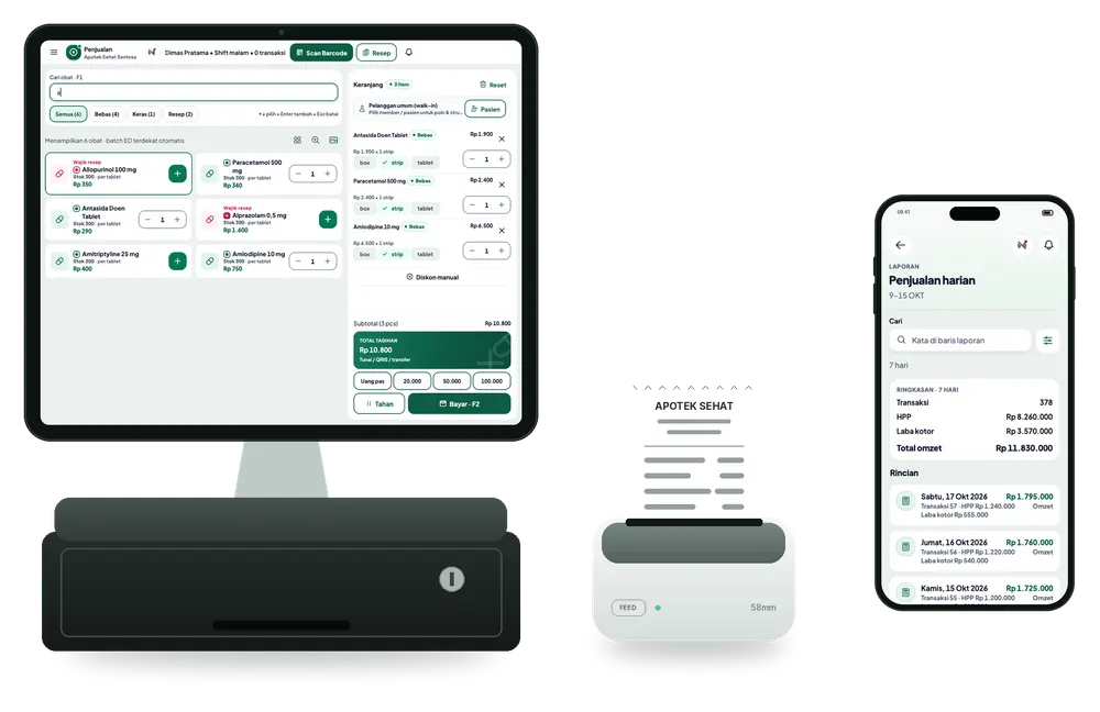 Tablet kasir, printer thermal Bluetooth, laci uang, dan HP pemilik